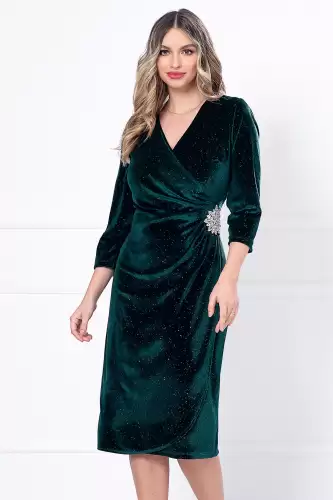 Rochie eleganta verde din catifea Caterina cu glitter si accesoriu argintiu in talie