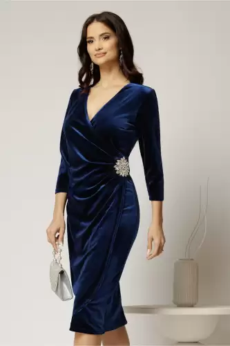 Rochie Felicia bleumarin cu aplicatie tip floare cu strassuri