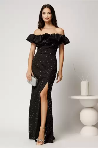 Rochie Hannah lunga neagra din stofa cu strasuri si guler din organza