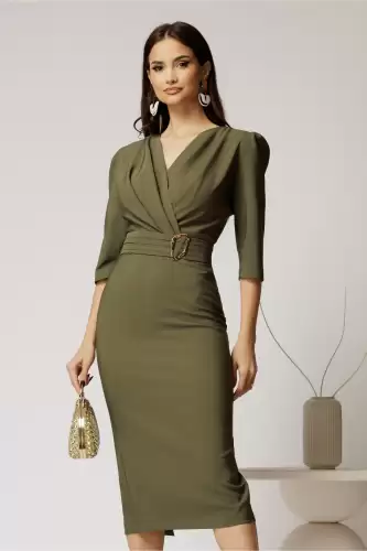 Rochie kaki conica cu decolteu petrecut si cordon in talie