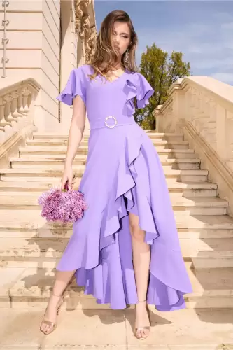 Rochie LaDonna lunga de ocazie din stofa lila cu volane si cordon in talie