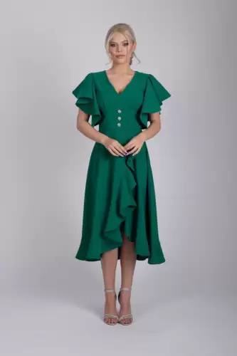 Rochie LaDonna verde cu volane si slit