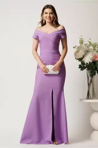 Rochie lila lunga din stofa cu decolteu barcuta si crapatura pe picior- LaDonna
