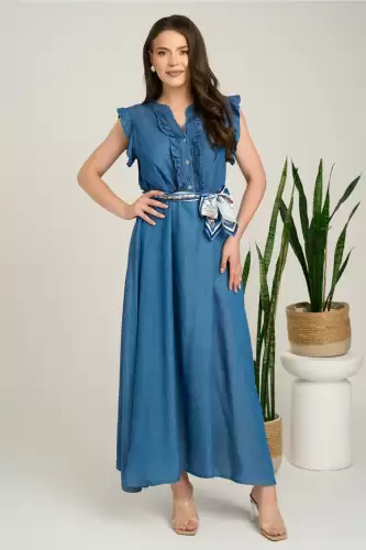 Rochie lunga albastra din denim in clos cu nasturi la bust si cordon in talie