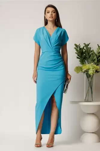 Rochie lunga bleu din stofa cu fronseu si crapatura pe fusta