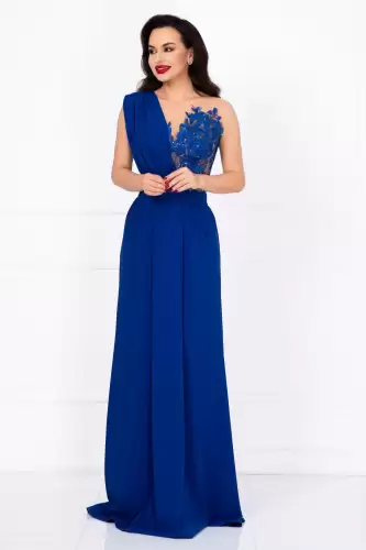 Rochie lunga de seara Gilda albastra cu fronseuri si bust brodat