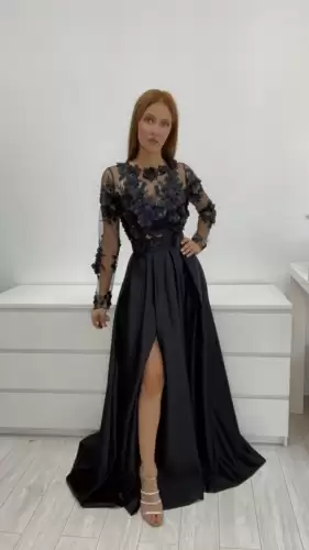 Rochie lunga din tafta neagra cu slit pe picior