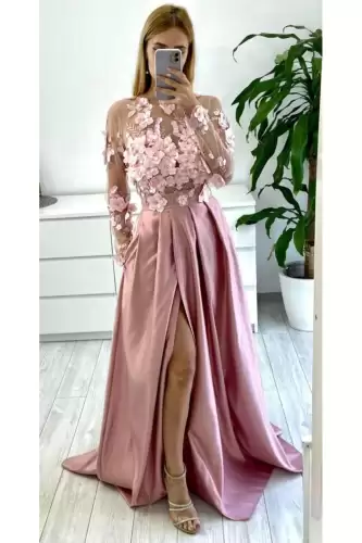 Rochie lunga din tafta roz prafuit cu broderie florala 3D