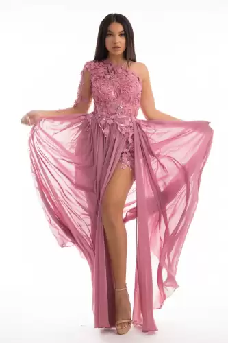 Rochie lunga din voal cu broderie florala 3D si slit pe picior