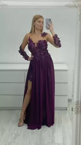 Rochie lunga din voal cu broderie florala 3D