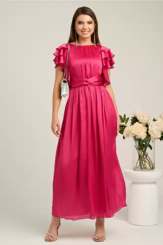 Rochie lunga eleganta din voal fucsia cu volanase la maneci