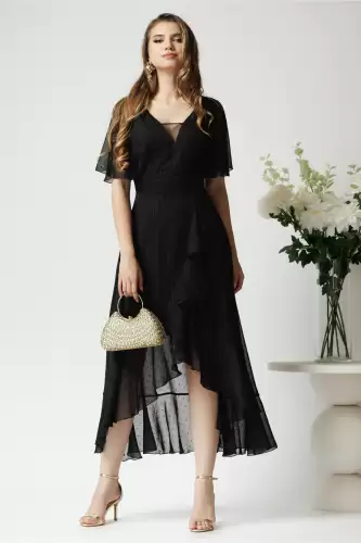 Rochie lunga eleganta din voal neagra cu insertii din fir lurex