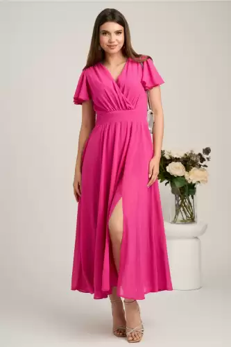 Rochie lunga fucsia din voal in clos cu glitter- Moze