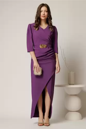 Rochie lunga mov de ocazie cu fronseuri si cordon cu catarama in talie