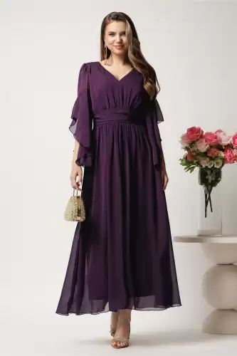 Rochie lunga mov in clos din voal cu decolteu- Moze