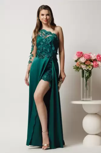 Rochie lunga verde din tafta si dantela cu crapatura maxi- Ella Collection Pamela