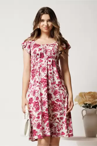 Rochie midi alba din lycra cu imprimeuri fucsia