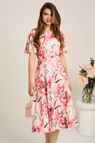 Rochie midi alba din viscoza in clos cu flori fucsia