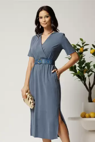 Rochie midi albastra cu elastic si curea in talie