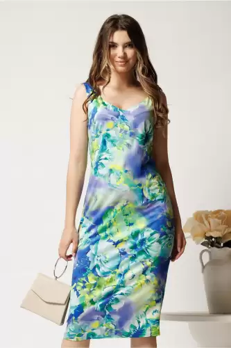 Rochie midi albastra din lycra cu croi drept si imprimeu verde