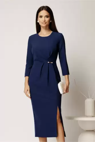 Rochie midi albastra din stofa conica cu pense si accesoriu in talie