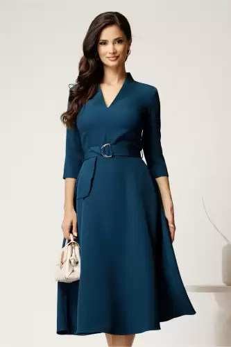 Rochie midi albastru petrol din stofa cu cordon in talie