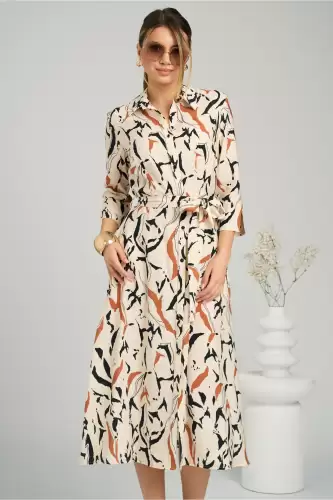 Rochie midi bej cu imprimeu caramiziu si cordon in talie