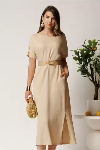 Rochie midi bej din tencel croi drept si curea in talie