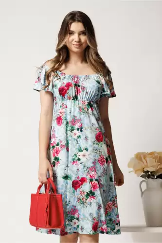 Rochie midi bleu din lycra cu trandafiri roz