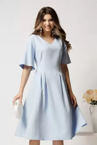 Rochie midi bleu din stofa in clini cu pliuri si buzunare