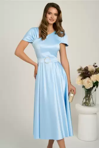 Rochie midi bleu din tafta subtire in clos cu cordon in talie