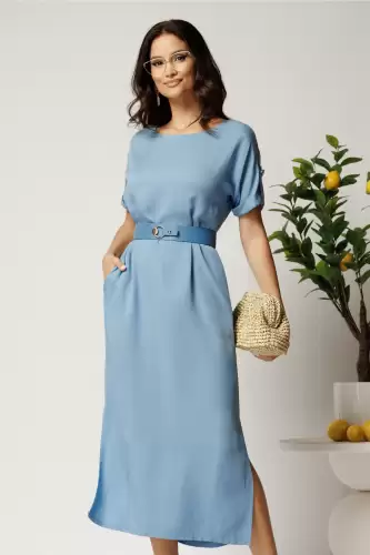 Rochie midi bleu din tencel croi drept si curea in talie