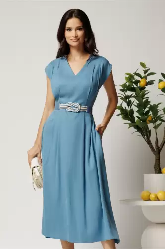 Rochie midi bleu din tencel in clos cu cu pliuri si curea in talie
