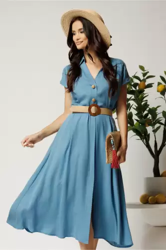 Rochie midi bleu din tencel in clos cu nasturi si curea impletita