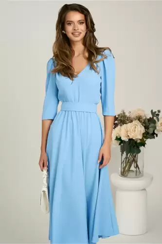 Rochie midi bleu din triplu voal in clos cu cordon in talie