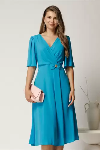 Rochie midi bleu din voal cu fundita in talie