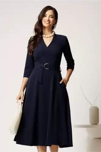 Rochie midi bleumarin din stofa cu cordon in talie
