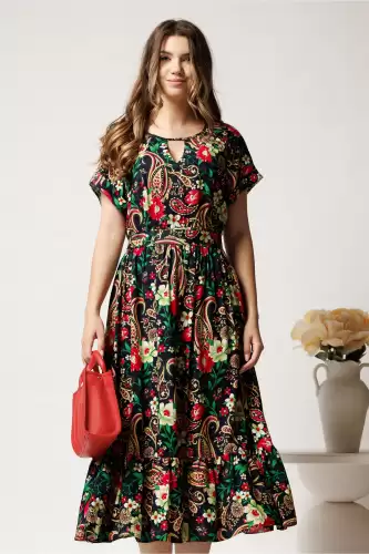 Rochie midi bleumarin din viscoza in clos cu flori fucsia si cordon in talie