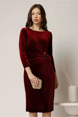 Rochie midi bordo de ocazie din catifea cu accesoriu talie