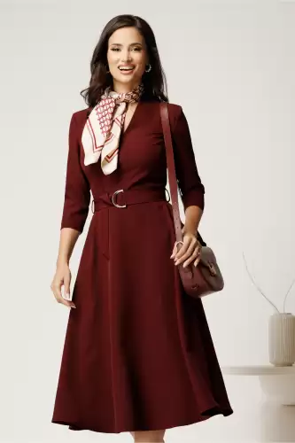 Rochie midi bordo din stofa cu cordon in talie