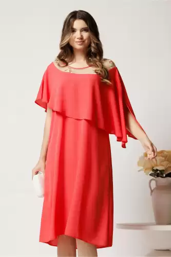 Rochie midi corai din voal dreapta cu volan si broderie pe bust