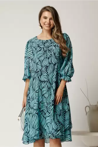 Rochie midi cu imprimeu turcoaz din voal cu croi in clini