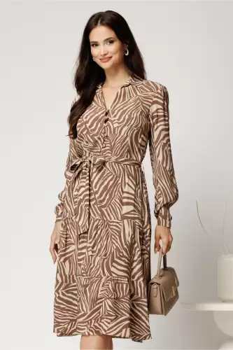 Rochie midi cu zebra print maro din viscoza cu nasturi pe bust si cordon in talie