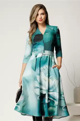 Rochie midi de zi cu imprimeu in nuante de turcoaz