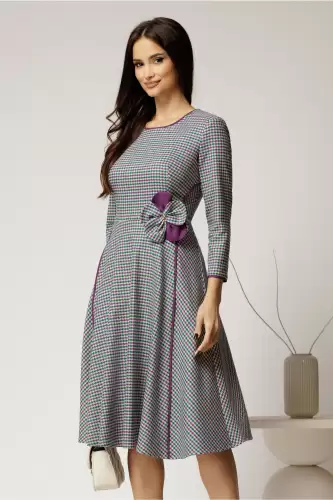 Rochie midi din stofa carou verde si finisaje mov