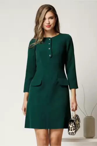 Rochie midi din stofa verde cu nasturi la decolteu