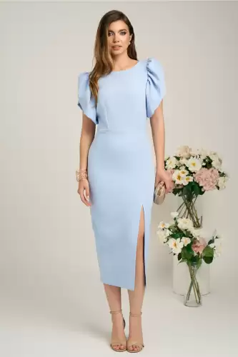Rochie midi eleganta din stofa bleu cu maneci bufante