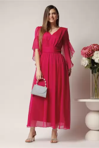 Rochie midi fucsia din voal cu decolteu
