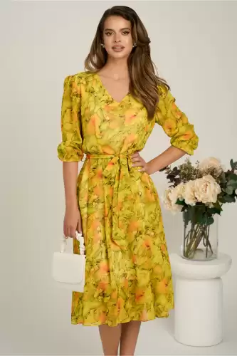 Rochie midi galbena din voal in clos cu imprimeu si cordon in talie
