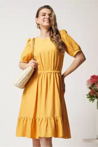 Rochie midi galbena in clos din viscoza cu volan la baza- Moze